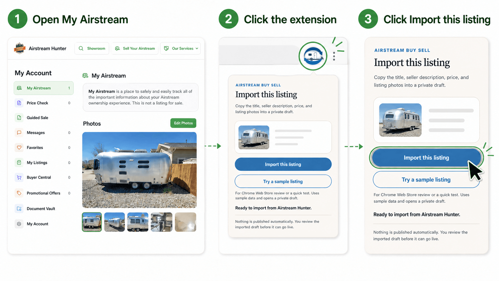 Illustrated steps for importing a seller-owned Airstream Hunter listing into a private Airstream Buy Sell draft
