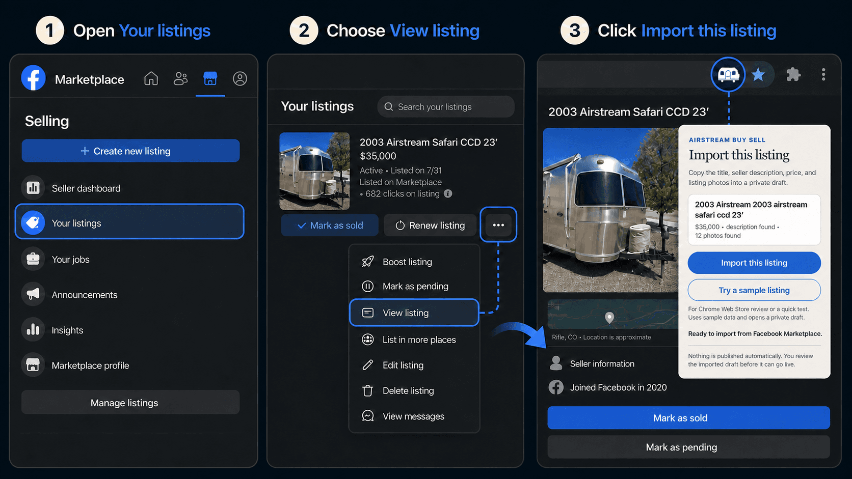 Illustrated workflow for importing a seller-owned Facebook Marketplace listing into a private Airstream Buy Sell draft